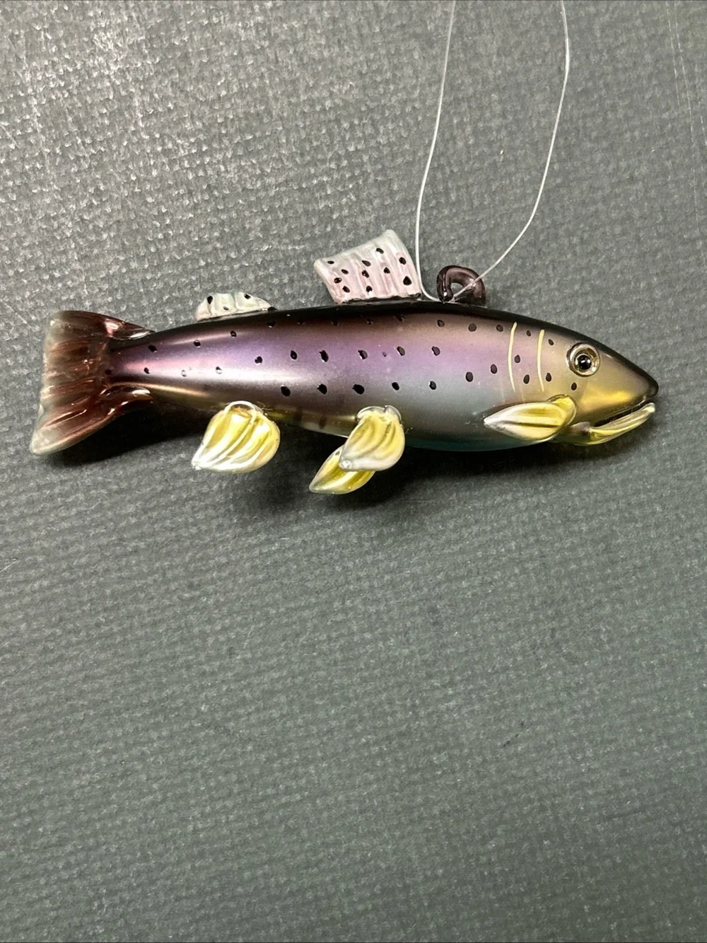 Hand Blown Glass Trout Fish Ornament Fishing Lodge Cabin Decor w/ Stand